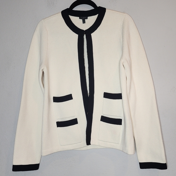Talbots Cashmere Blend French Style Cream Black Knit Cardigan Blazer 4 pocket M